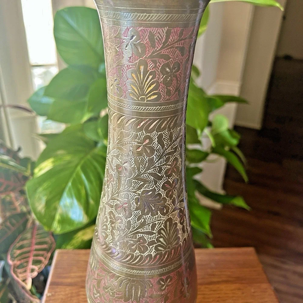 VTG Etched 14 inch Indian Brass Vase Colored Inlay Botanical Pattern Boho MCM